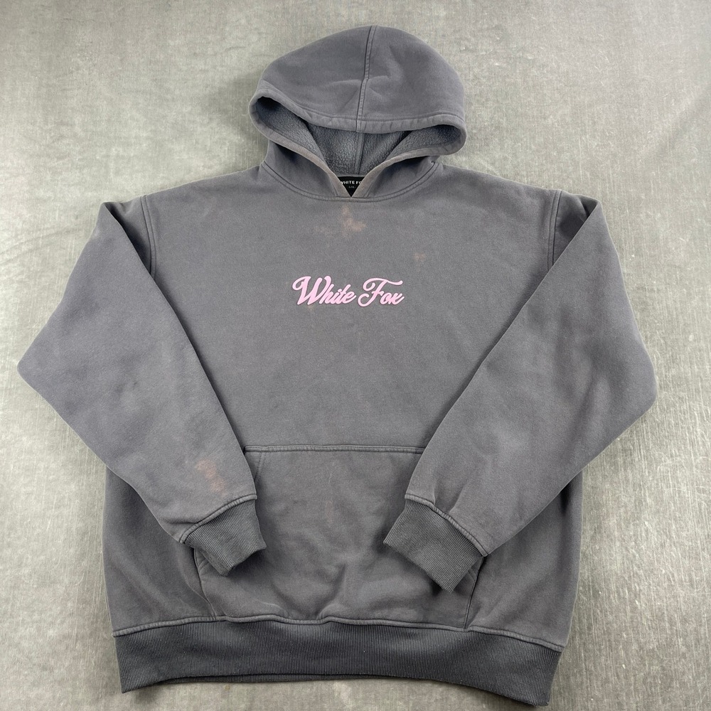 White Fox Mens L/XL Grey Hoodie Pink Script Logo Pullover Faded Streetwear